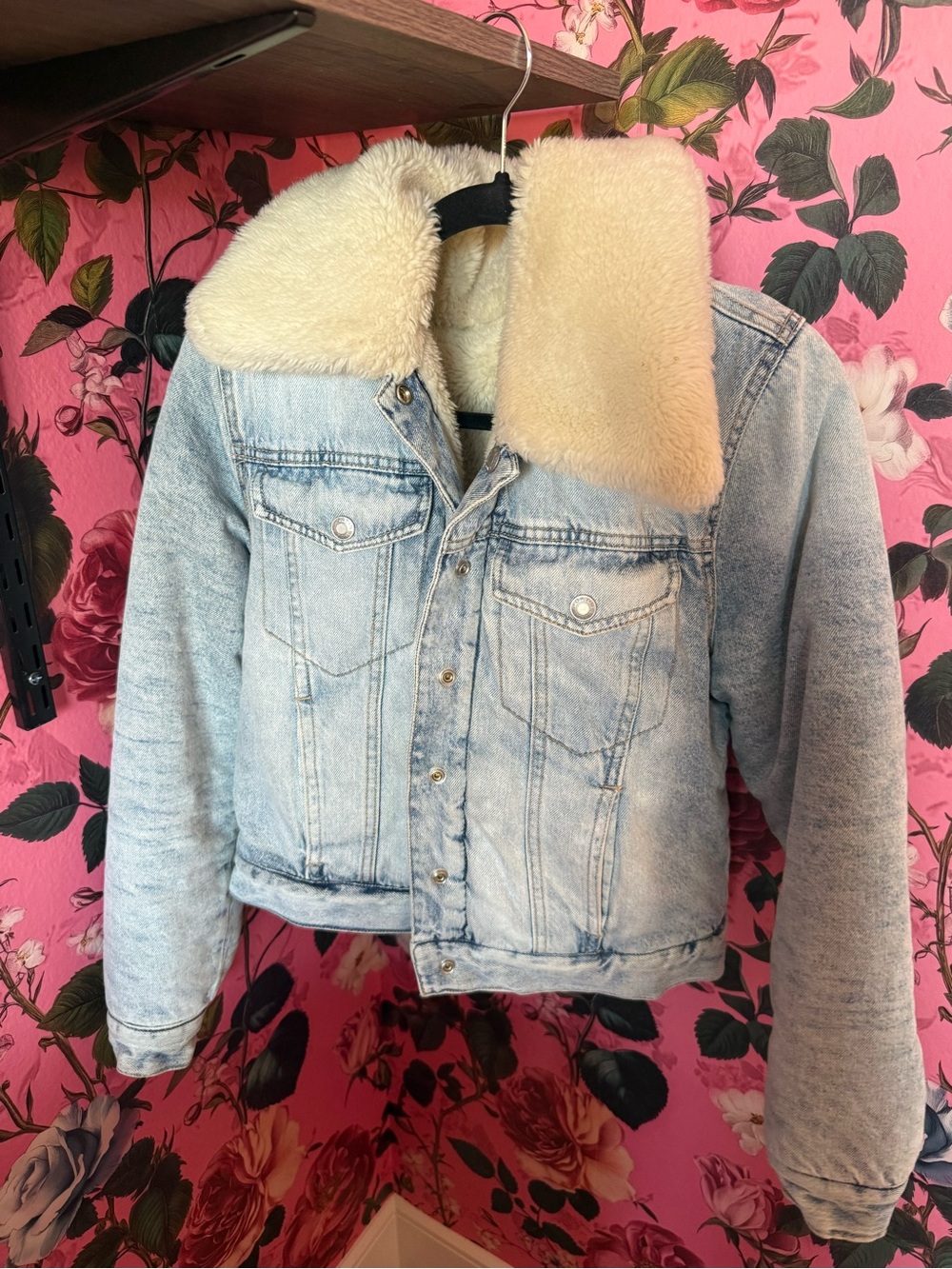 Oat New York Light Wash Faux Shearling Collar Denim Jacket - Women XS